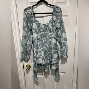 Long Sleeve Floral Romper - Blue